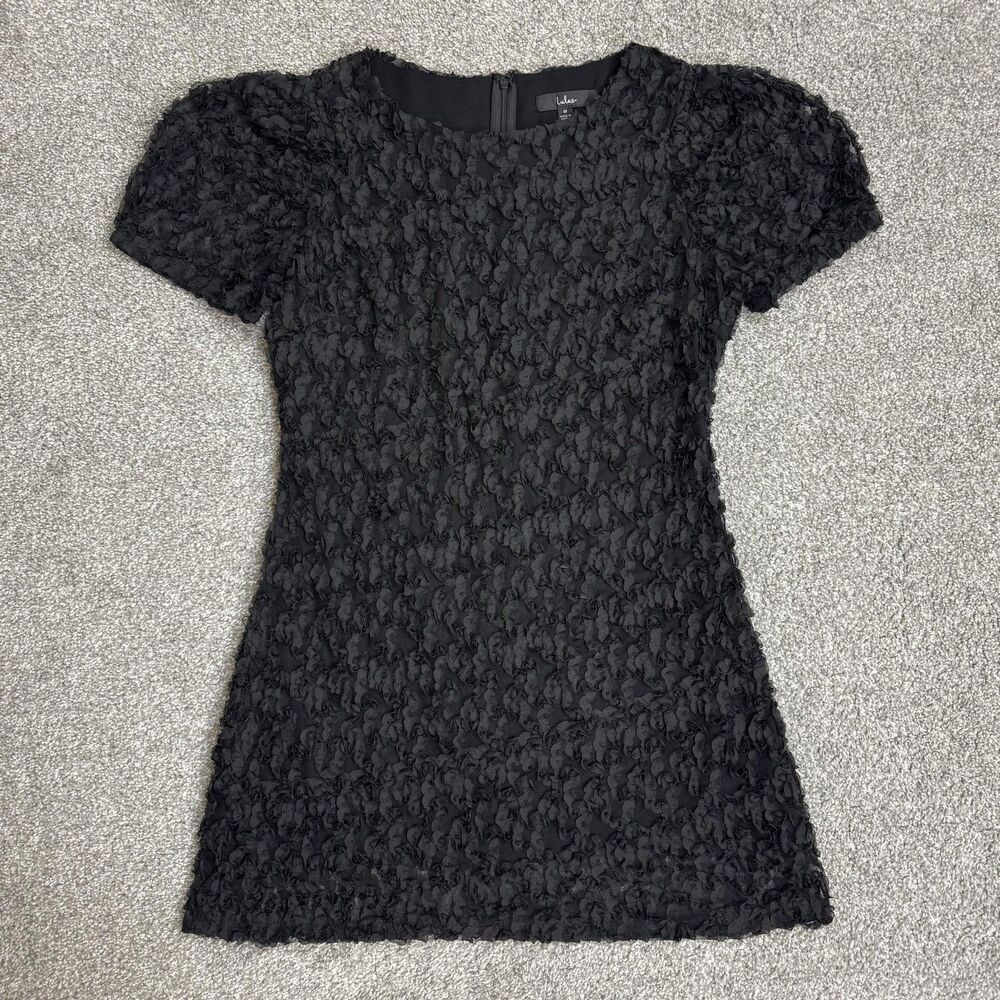 Lulus Dress Womens Medium Black Textured Mesh Puff Sleeve Sheath Mini Party